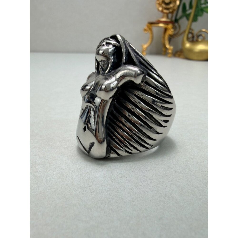 Stainless Steel Sculptural Nude Woman Art Ring Statement Biker Ring Unisex - Picture 9 of 11